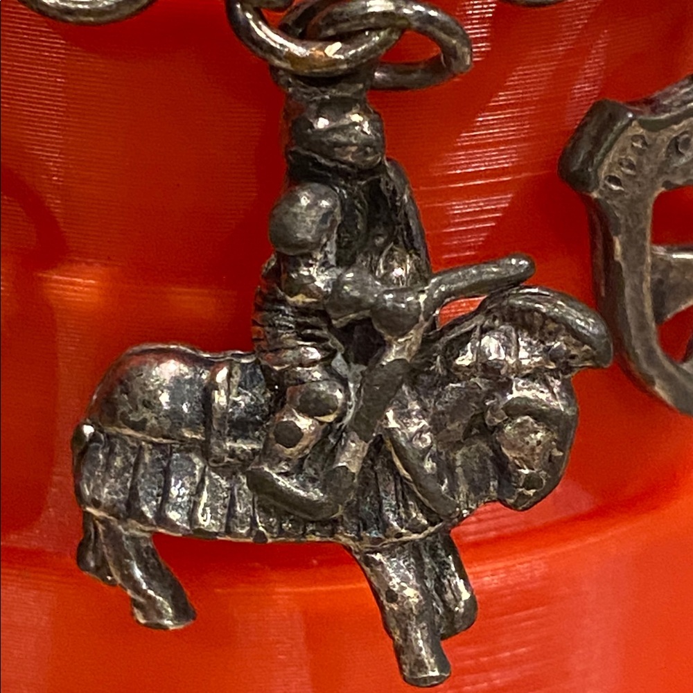 Antique Sterling Silver Charm Bracelet with Knight in Armor. Jousting Etc.